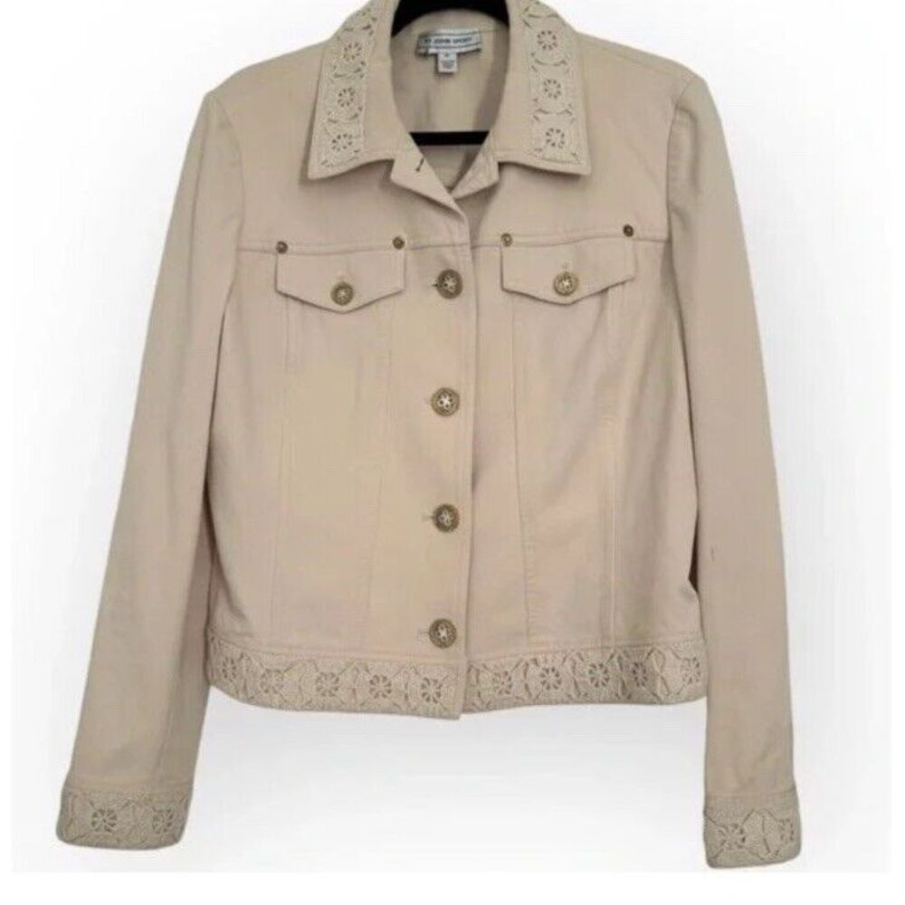 St. John‎ Sport Ivory Stretch Cotton Jean/Denim Embroidered Jacket sz S